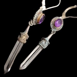 Antique Silver Amethyst and Crystal Prism Drop Earrings with Gold Details